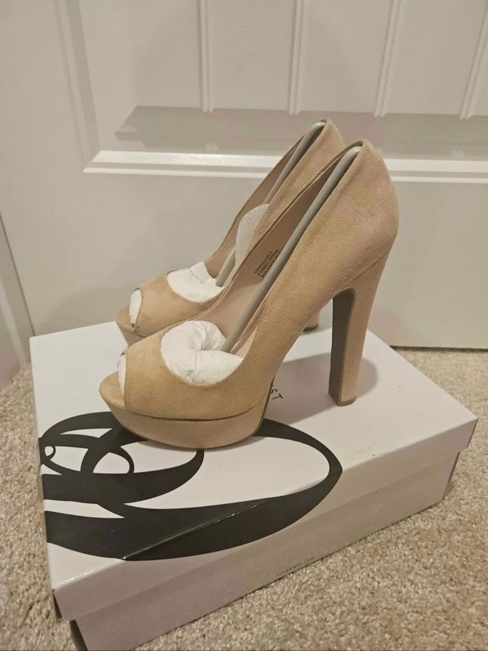 Nine West Suede Peep-Toe High Heels in Beige
